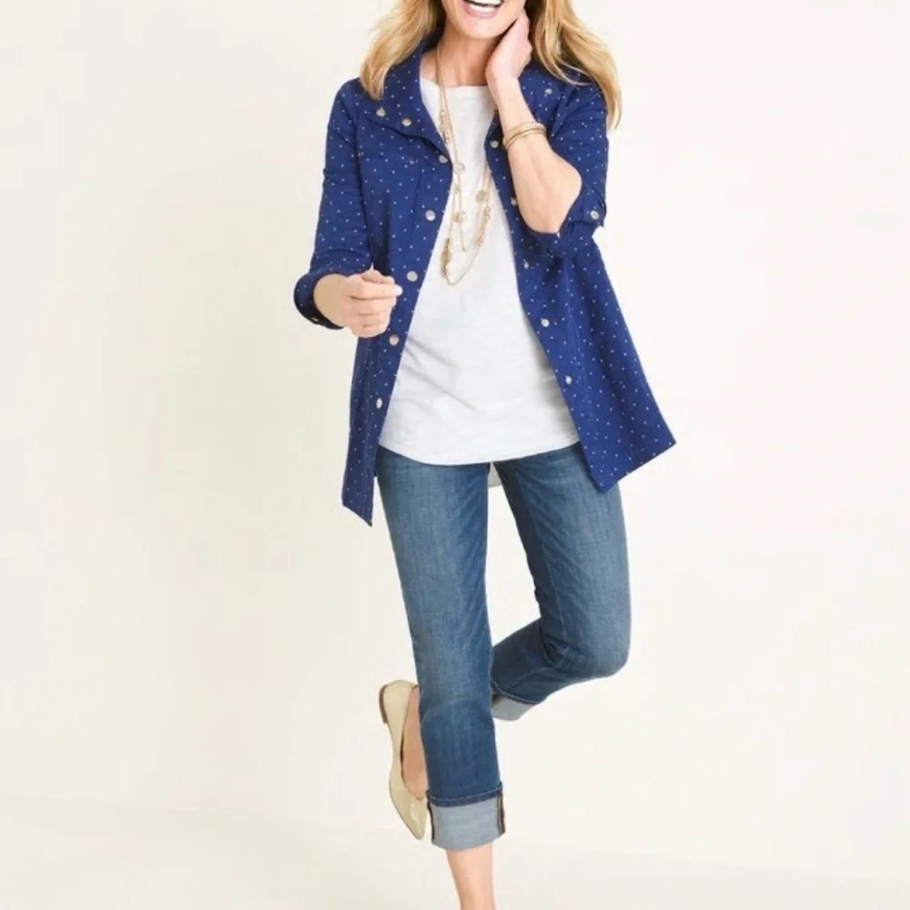 NWOT Chico's Luxe Twill  Stylish Navy Blue With White Polka Dot Utility Jacket - Picture 3 of 15